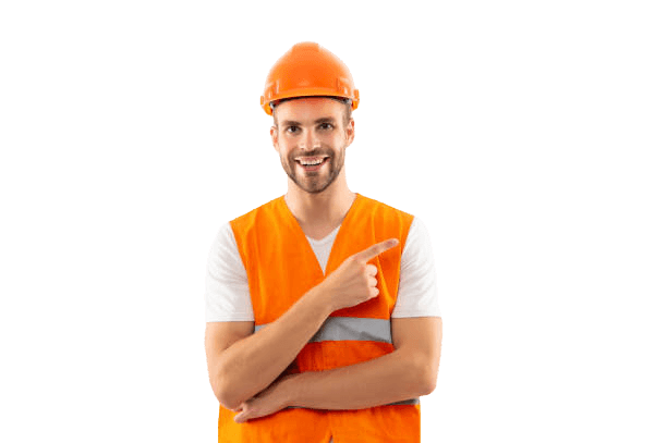 Hombre blanco con barba vestido con chaleco y casco anaranjado