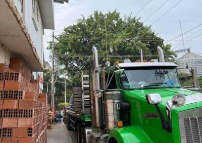 Mula estacionada de color verde para descargar cemento